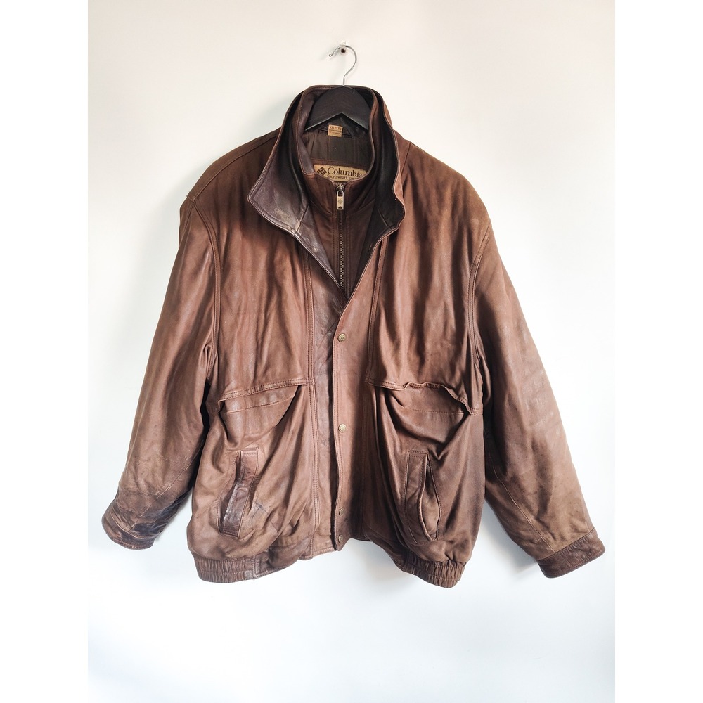 Vintage Columbia Leather Jacket XXL Bomber Brown Plaid Flannel Lined Mens Coat